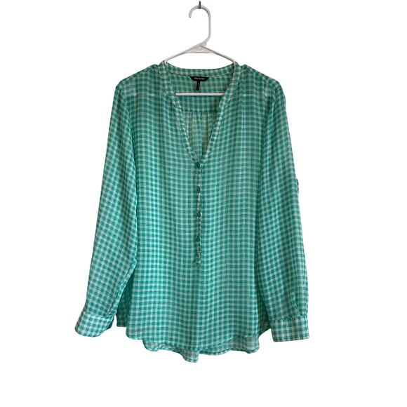Daisy Fuentes green gingham sheer blouse buttons long sleeve lightweight top XL - Picture 1 of 8